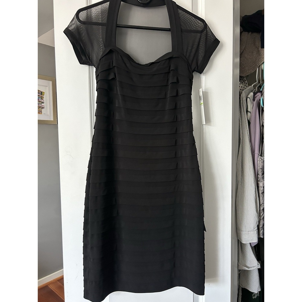 MAGGY LONDON Petites NWT Mesh Illusion Pleated Jersey Little Black Dress Size 4P
